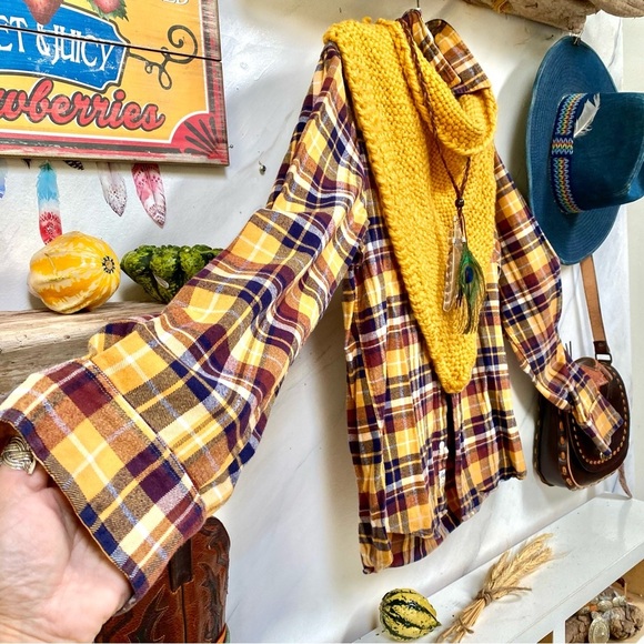 ROOTS plaid flannel boho shirt/cover up w fall harvest thanksgiving cabin vibe - Picture 10 of 14